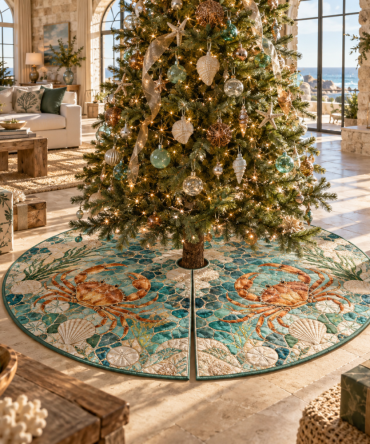 Sunlit Tidal Crab Christmas Tree Skirt — Bright Coastal Holiday Skirt With Tidal Motif, Premium Print, Easy Fit & Care