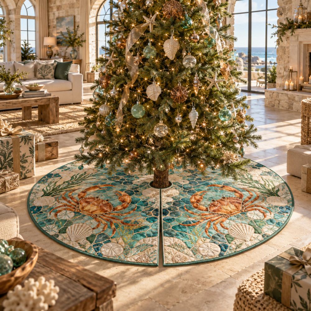 Sunlit Tidal Crab Christmas Tree Skirt — Bright Coastal Holiday Skirt With Tidal Motif, Premium Print, Easy Fit & Care
