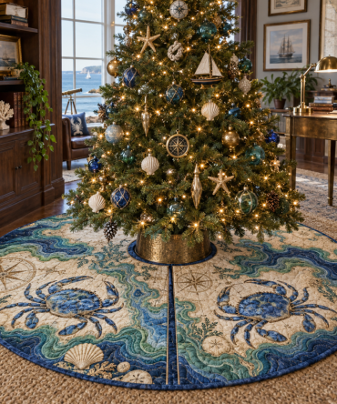 Vintage Map Crab Tree Skirt — Cartographer Study Nautical Christmas Skirt, Detailed Print, Universal Fit For Holiday Trees