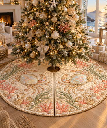 Coastal Crab Holiday Tree Skirt — Opal Cove Nautical Christmas Skirt, Premium Soft Print, Universal Fit, Machine Washable