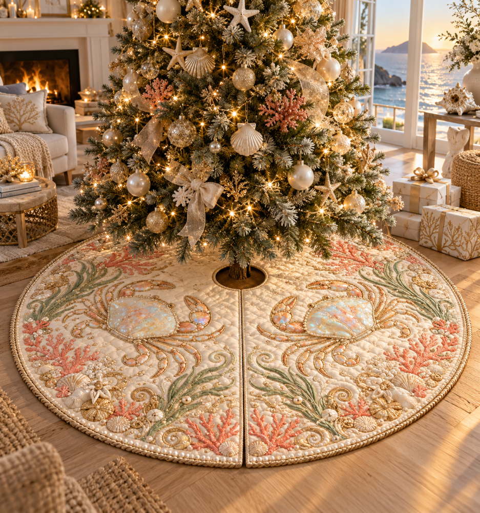 Coastal Crab Holiday Tree Skirt — Opal Cove Nautical Christmas Skirt, Premium Soft Print, Universal Fit, Machine Washable