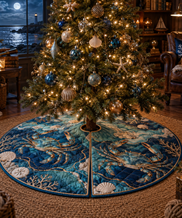 Moonlit Tide Crab Tree Skirt — Elegant Coastal Moonlight-Inspired Holiday Skirt, Ready-Made Luxury Finish For Seaside Themes