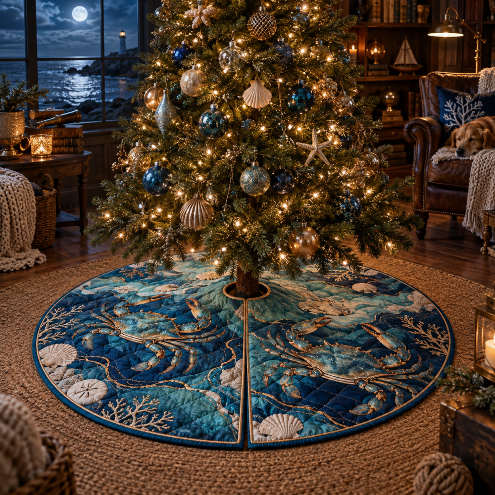 Moonlit Tide Crab Tree Skirt — Elegant Coastal Moonlight-Inspired Holiday Skirt, Ready-Made Luxury Finish For Seaside Themes
