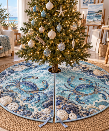 Crab Tidal Pool Studio Tree Skirt — Coastal Studio Decor, Playful Crab Design, Lightweight, Easy Storage & Washable