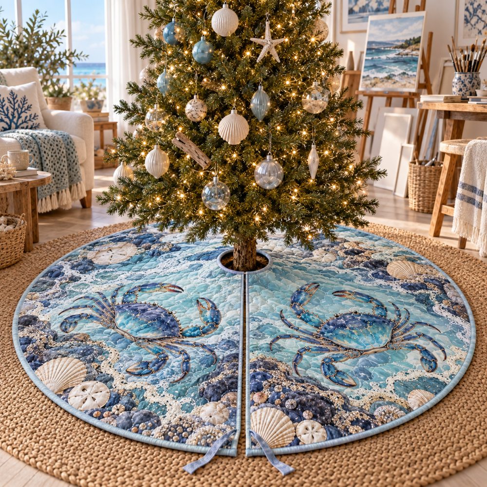 Crab Tidal Pool Studio Tree Skirt — Coastal Studio Decor, Playful Crab Design, Lightweight, Easy Storage & Washable