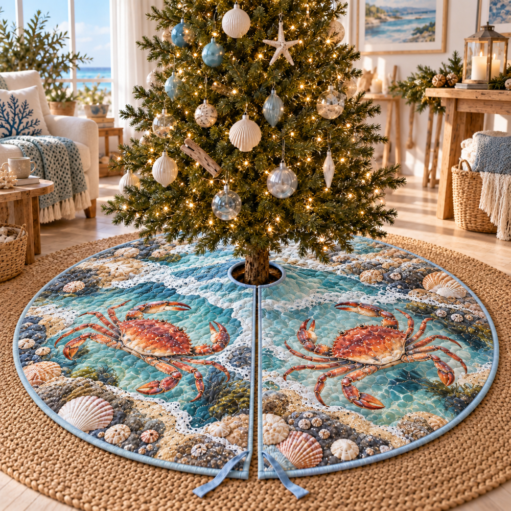 Crab Tidal Pool Christmas Tree Skirt — Charming Coastal Host Gift, Vibrant Beach-Themed Holiday Accent, Made To Impress