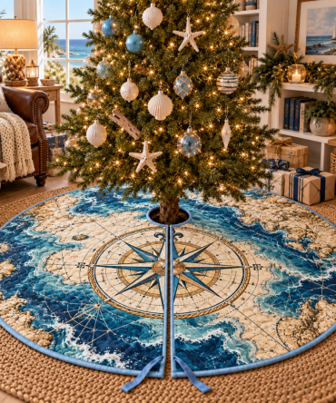 Coastal Compass Tree Skirt For Reading Nooks — Cozy Holiday Base, Noise-Free Fabric & Perfect Small-Space Fit