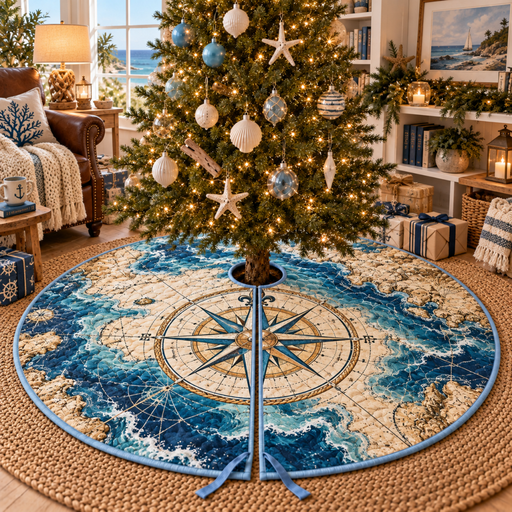 Coastal Compass Tree Skirt For Reading Nooks — Cozy Holiday Base, Noise-Free Fabric & Perfect Small-Space Fit