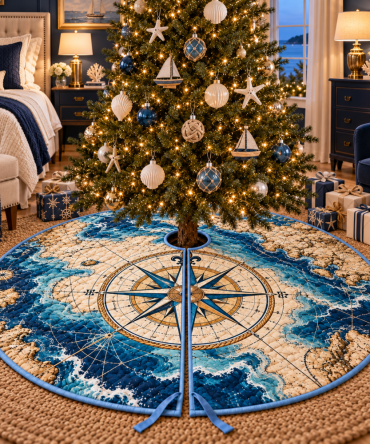 Statement Nautical Compass Tree Skirt For Bedrooms — Bold Coastal Holiday Accent, Soft Touch & Easy Storage