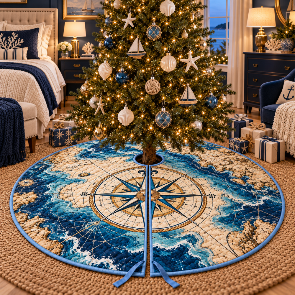 Statement Nautical Compass Tree Skirt For Bedrooms — Bold Coastal Holiday Accent, Soft Touch & Easy Storage