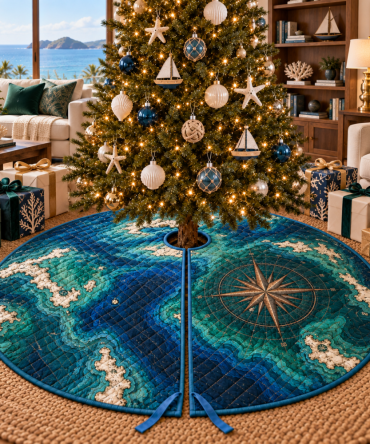 Grand Nautical Compass Tree Skirt For Living Rooms — Elegant Coastal Holiday Base Mat, Plush & Fade-Resistant
