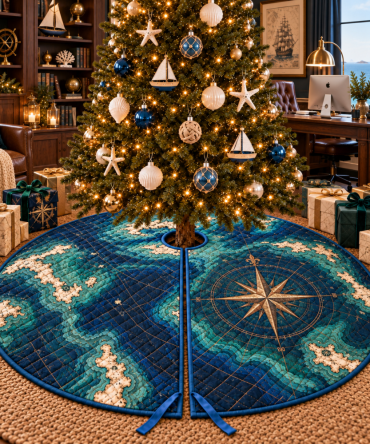 Executive Nautical Compass Tree Skirt — Stylish Coastal Holiday Rug For Home Office, Durable & Low-Profile
