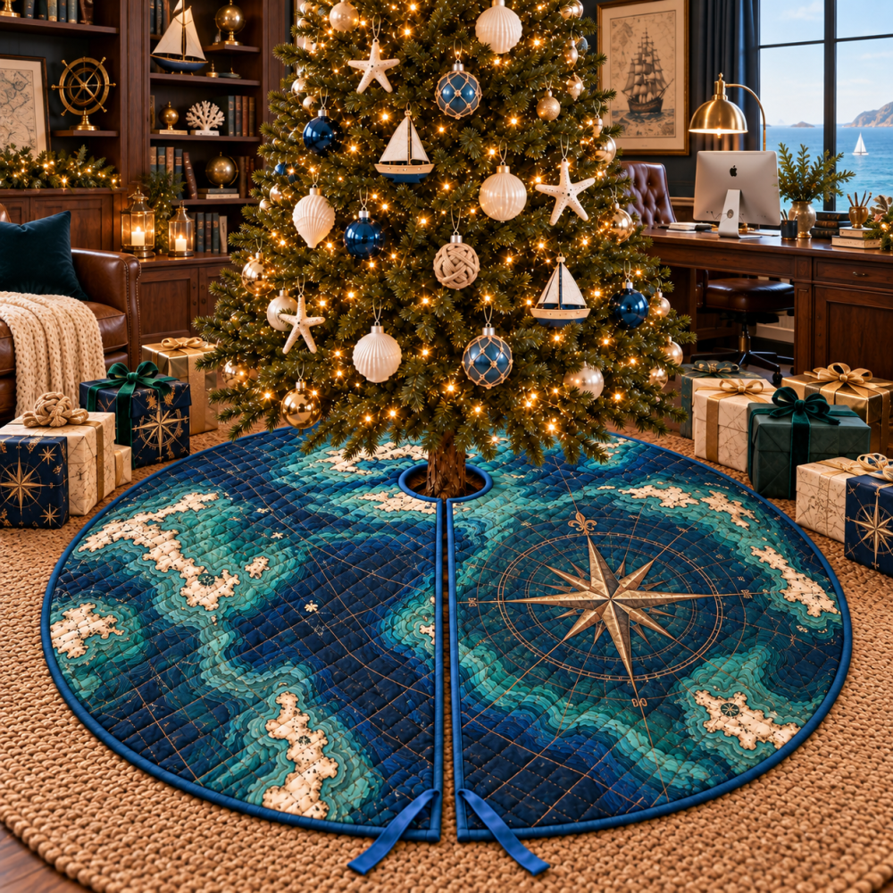 Executive Nautical Compass Tree Skirt — Stylish Coastal Holiday Rug For Home Office, Durable & Low-Profile
