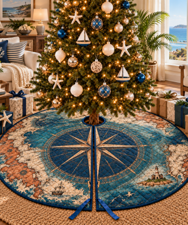 Coastal Compass Tree Skirt — Housewarming Holiday Gift, Classic Nautical Decor, Easy-Care & Machine-Washable