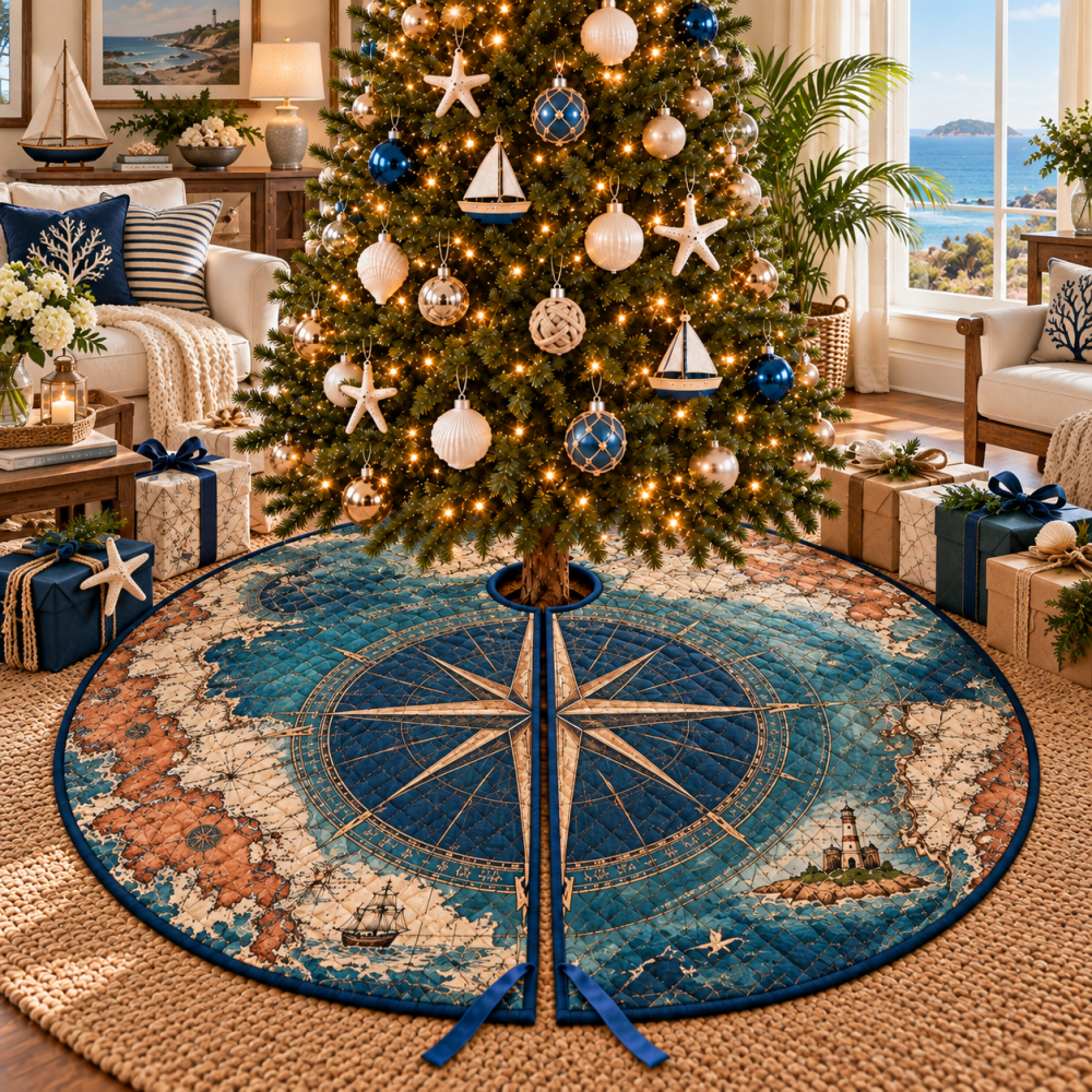 Coastal Compass Tree Skirt — Housewarming Holiday Gift, Classic Nautical Decor, Easy-Care & Machine-Washable
