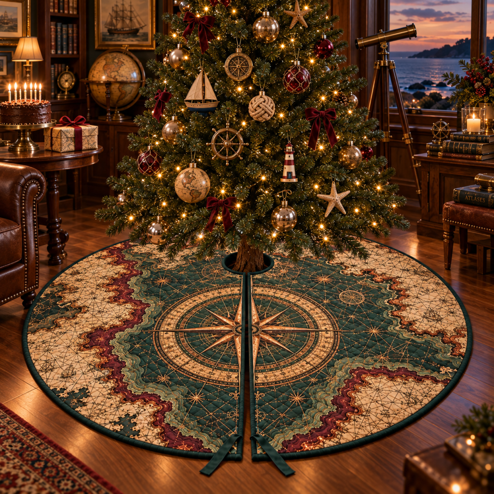Premium Nautical Compass Christmas Tree Skirt — Coastal Holiday Decor For Collectors & Gift-Ready Quality