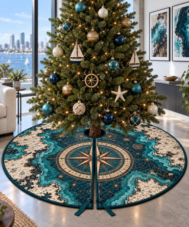 Nautical Compass Gallery Wall Christmas Tree Skirt — Gallery-Style Compass Tree Skirt For Coastal Walls & Curated Spaces, Premium Print Finish