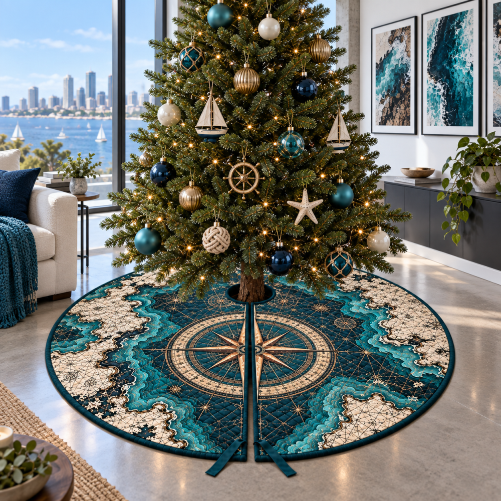 Nautical Compass Gallery Wall Christmas Tree Skirt — Gallery-Style Compass Tree Skirt For Coastal Walls & Curated Spaces, Premium Print Finish
