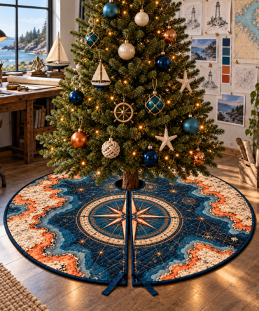Nautical Compass Hobby Studio Christmas Tree Skirt — Creative Compass Design For Hobby Rooms & Studios, Durable And Stylish Nautical Accent