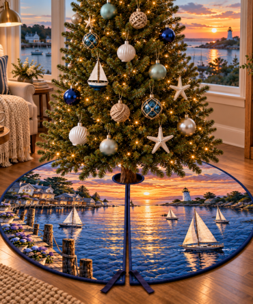Sailboat Harbor Reading Nook Christmas Tree Skirt — Cozy Nautical Tree Skirt Designed For Reading Nooks & Home Libraries, Soft Texture