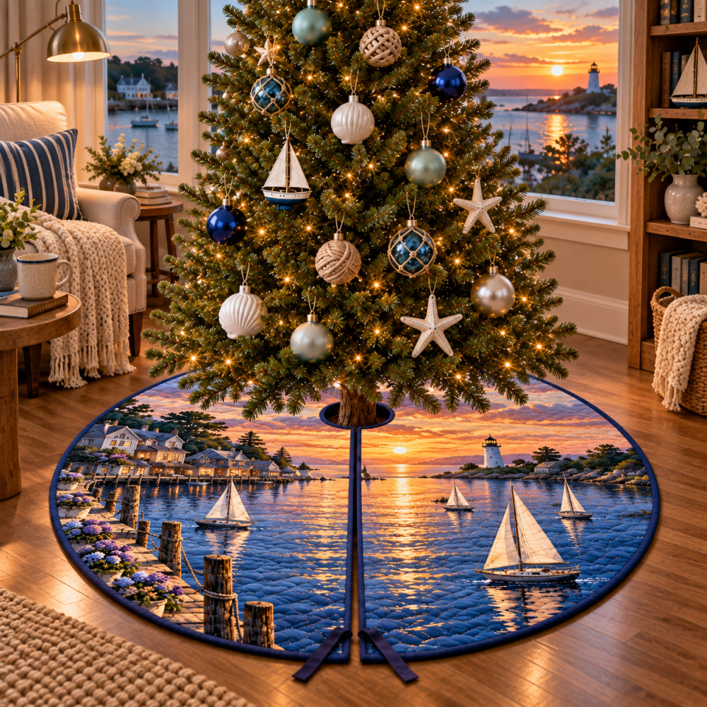 Sailboat Harbor Reading Nook Christmas Tree Skirt — Cozy Nautical Tree Skirt Designed For Reading Nooks & Home Libraries, Soft Texture
