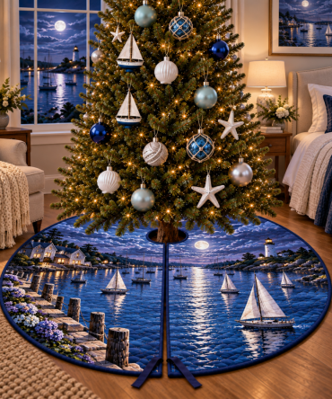 Moonlit Sailboat Harbor Christmas Tree Skirt — Romantic Nautical Tree Skirt With Moonlight Harbor Scene, Elegant Coastal Holiday Accent