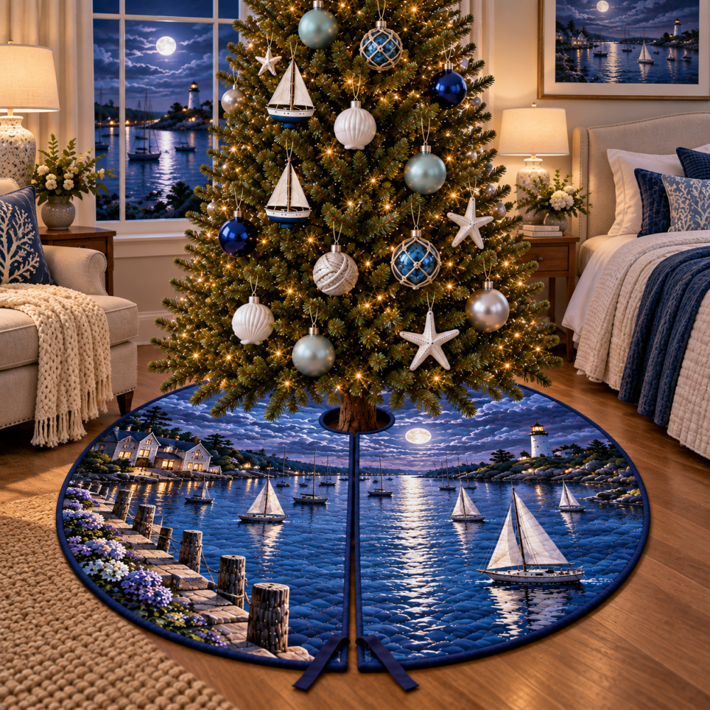 Moonlit Sailboat Harbor Christmas Tree Skirt — Romantic Nautical Tree Skirt With Moonlight Harbor Scene, Elegant Coastal Holiday Accent