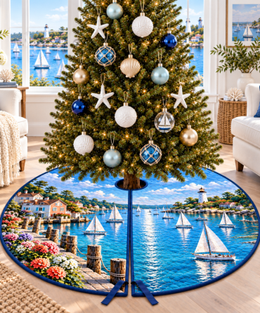Sunny Sailboat Harbor Christmas Tree Skirt — Bright Nautical Tree Skirt With Cheerful Harbor Scene, Vibrant Colors For Coastal Holiday Decor