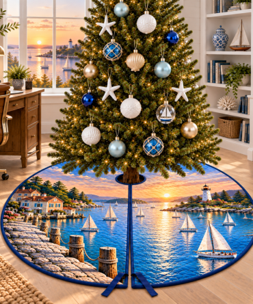 Dawn Sailboat Harbor Christmas Tree Skirt — Gentle Nautical Tree Skirt With Morning Harbor Palette, Lightweight Fabric For Easy Styling