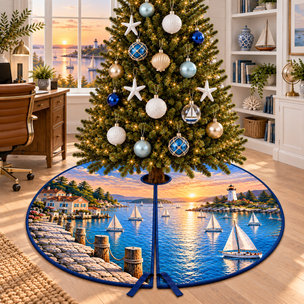 Dawn Sailboat Harbor Christmas Tree Skirt — Gentle Nautical Tree Skirt With Morning Harbor Palette, Lightweight Fabric For Easy Styling