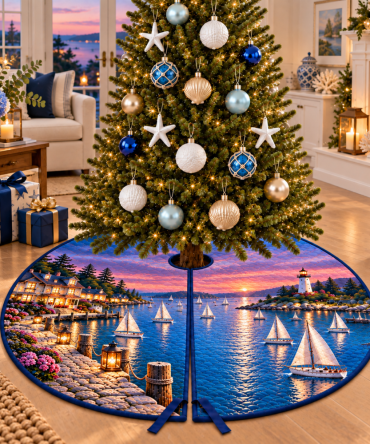 Twilight Sailboat Harbor Christmas Tree Skirt — Moody Nautical Tree Skirt With Twilight Harbor Scene, Rich Colors, Durable Holiday Accent