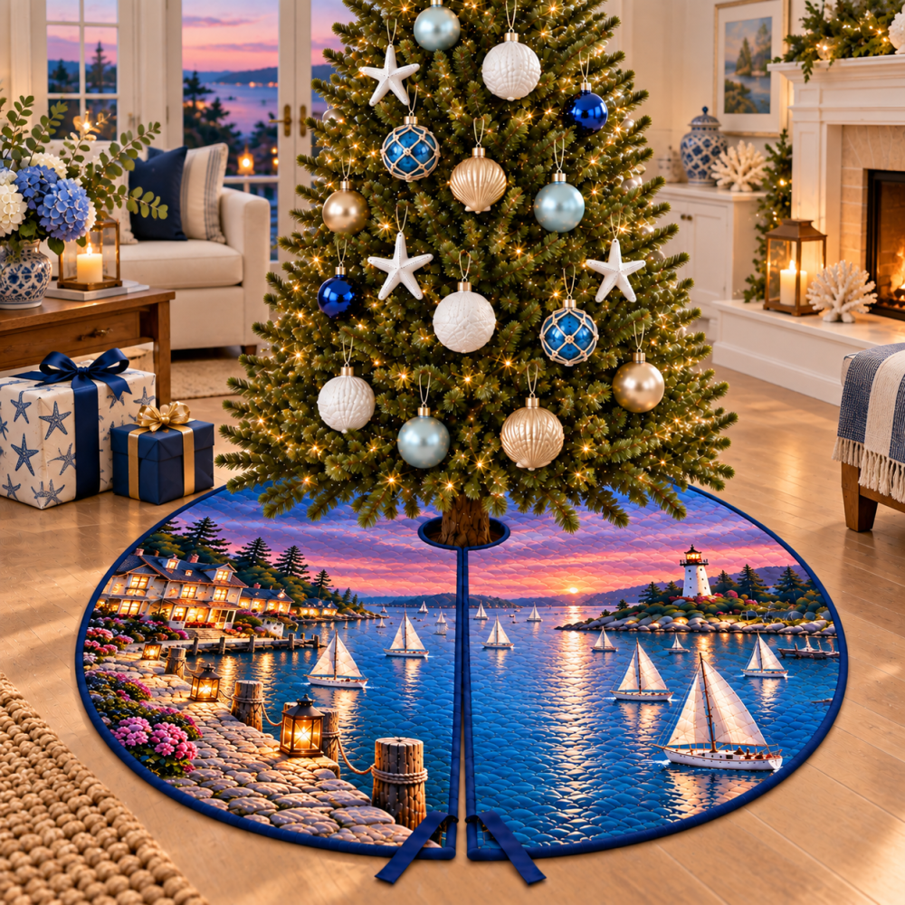 Twilight Sailboat Harbor Christmas Tree Skirt — Moody Nautical Tree Skirt With Twilight Harbor Scene, Rich Colors, Durable Holiday Accent