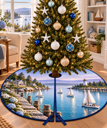 Quiet Sailboat Harbor Christmas Tree Skirt — Serene Nautical Tree Skirt With Calming Harbor Scene, Subtle Tones For Elegant Coastal Decor