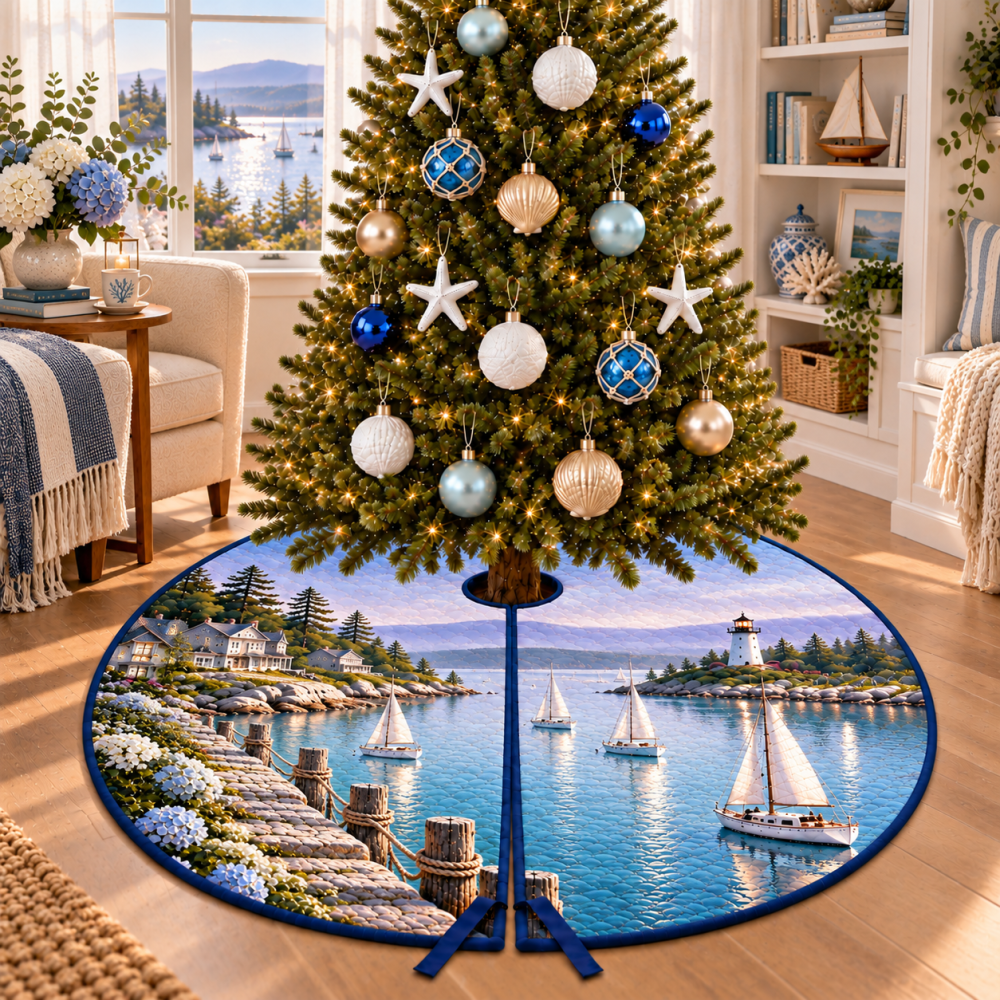 Quiet Sailboat Harbor Christmas Tree Skirt — Serene Nautical Tree Skirt With Calming Harbor Scene, Subtle Tones For Elegant Coastal Decor