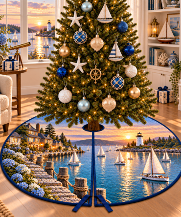 Collector Sailboat Harbor Christmas Tree Skirt — Vintage-Inspired Nautical Tree Skirt For Collectors, Detailed Harbor Illustration, Premium Finish