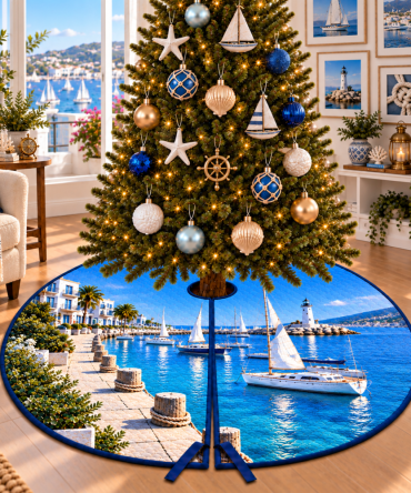 Modern Sailboat Marina Christmas Tree Skirt — Contemporary Nautical Tree Skirt With Sleek Marina Design, Minimalist Coastal Holiday Accent