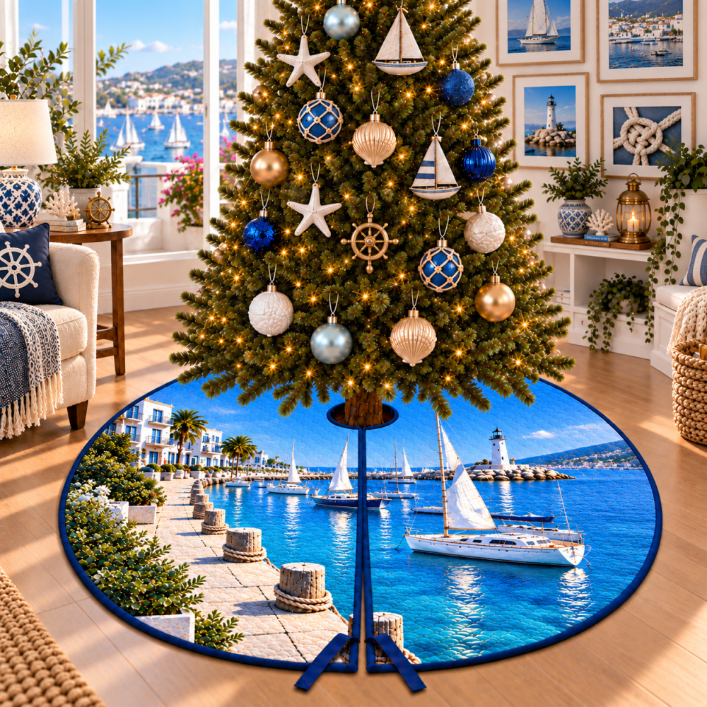 Modern Sailboat Marina Christmas Tree Skirt — Contemporary Nautical Tree Skirt With Sleek Marina Design, Minimalist Coastal Holiday Accent