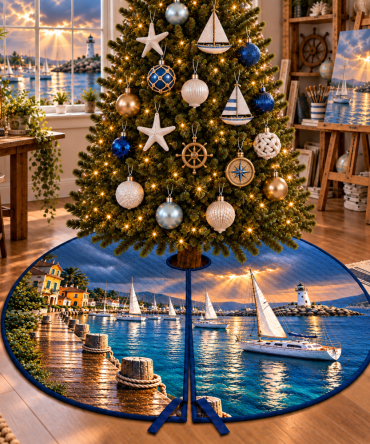 Stormbreak Sailboat Harbor Tree Skirt — Dramatic Nautical Christmas Tree Skirt With Stormy Sea Artwork, Heavy-Duty Fabric For Coastal Homes