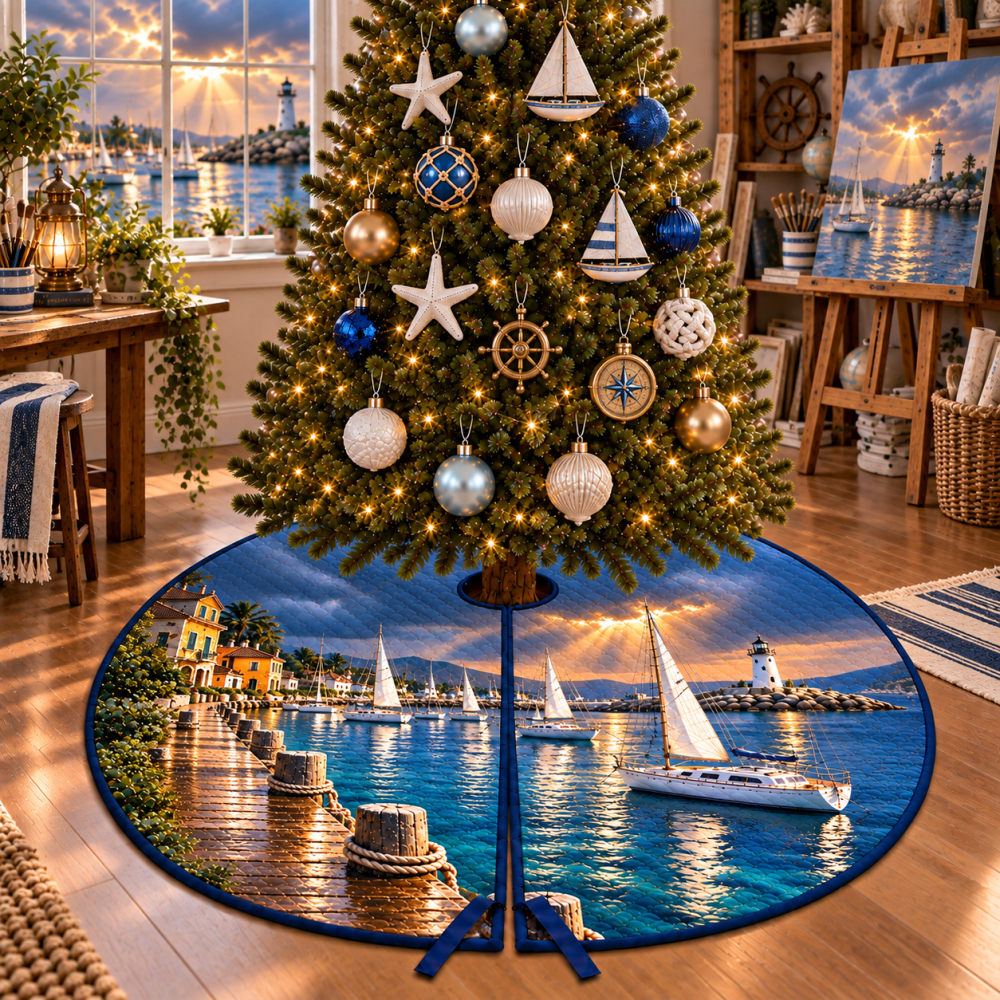 Stormbreak Sailboat Harbor Tree Skirt — Dramatic Nautical Christmas Tree Skirt With Stormy Sea Artwork, Heavy-Duty Fabric For Coastal Homes