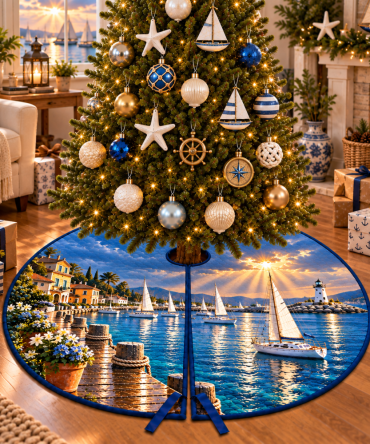 Sunlit Sailboat Harbor Christmas Tree Skirt — Sailboat & Harbor Nautical Tree Skirt With Vibrant Daytime Design, Soft Polyester Fabric