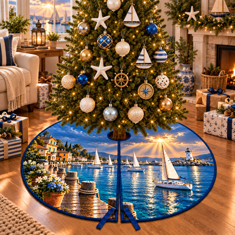 Sunlit Sailboat Harbor Christmas Tree Skirt — Sailboat & Harbor Nautical Tree Skirt With Vibrant Daytime Design, Soft Polyester Fabric
