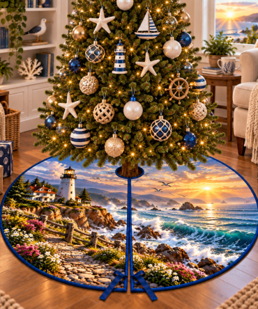 Sunrise Coastal Lighthouse Christmas Tree Skirt — Bright Nautical Holiday Tree Skirt With Seaside Morning Scene, Machine-Washable Fabric