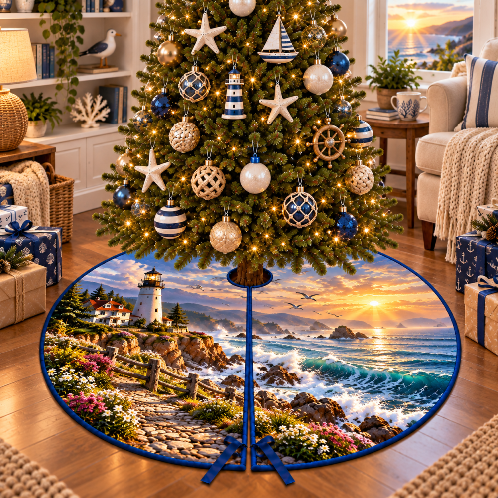 Sunrise Coastal Lighthouse Christmas Tree Skirt — Bright Nautical Holiday Tree Skirt With Seaside Morning Scene, Machine-Washable Fabric