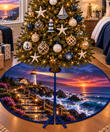 Coastal Dusk Lighthouse Christmas Tree Skirt — Nautical Holiday Tree Skirt With Harbor Scene, Durable Fabric, Perfect For Beach Homes