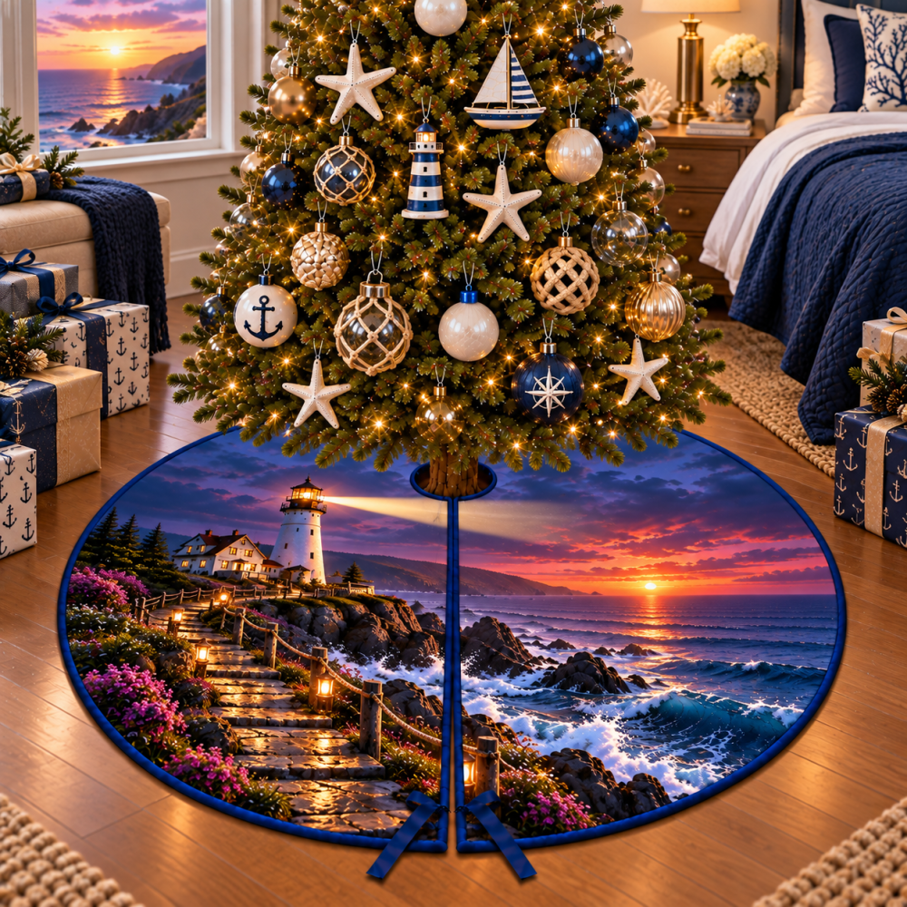Coastal Dusk Lighthouse Christmas Tree Skirt — Nautical Holiday Tree Skirt With Harbor Scene, Durable Fabric, Perfect For Beach Homes