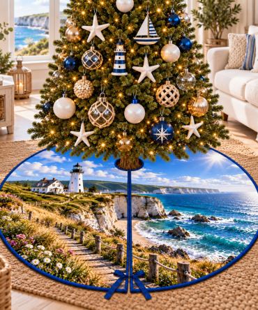 Chalk Cliff Lighthouse Christmas Tree Skirt — Weathered Coastal Charm With Neutral Tones, Elegant Base Cover For Nautical Holiday Décor