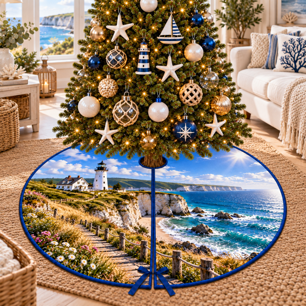 Chalk Cliff Lighthouse Christmas Tree Skirt — Weathered Coastal Charm With Neutral Tones, Elegant Base Cover For Nautical Holiday Décor