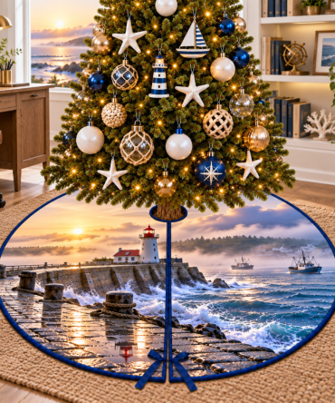 Misty Breakwater Lighthouse Tree Skirt — Foggy Coastline Aesthetic With Subtle Nautical Detail For Serene Holiday Displays