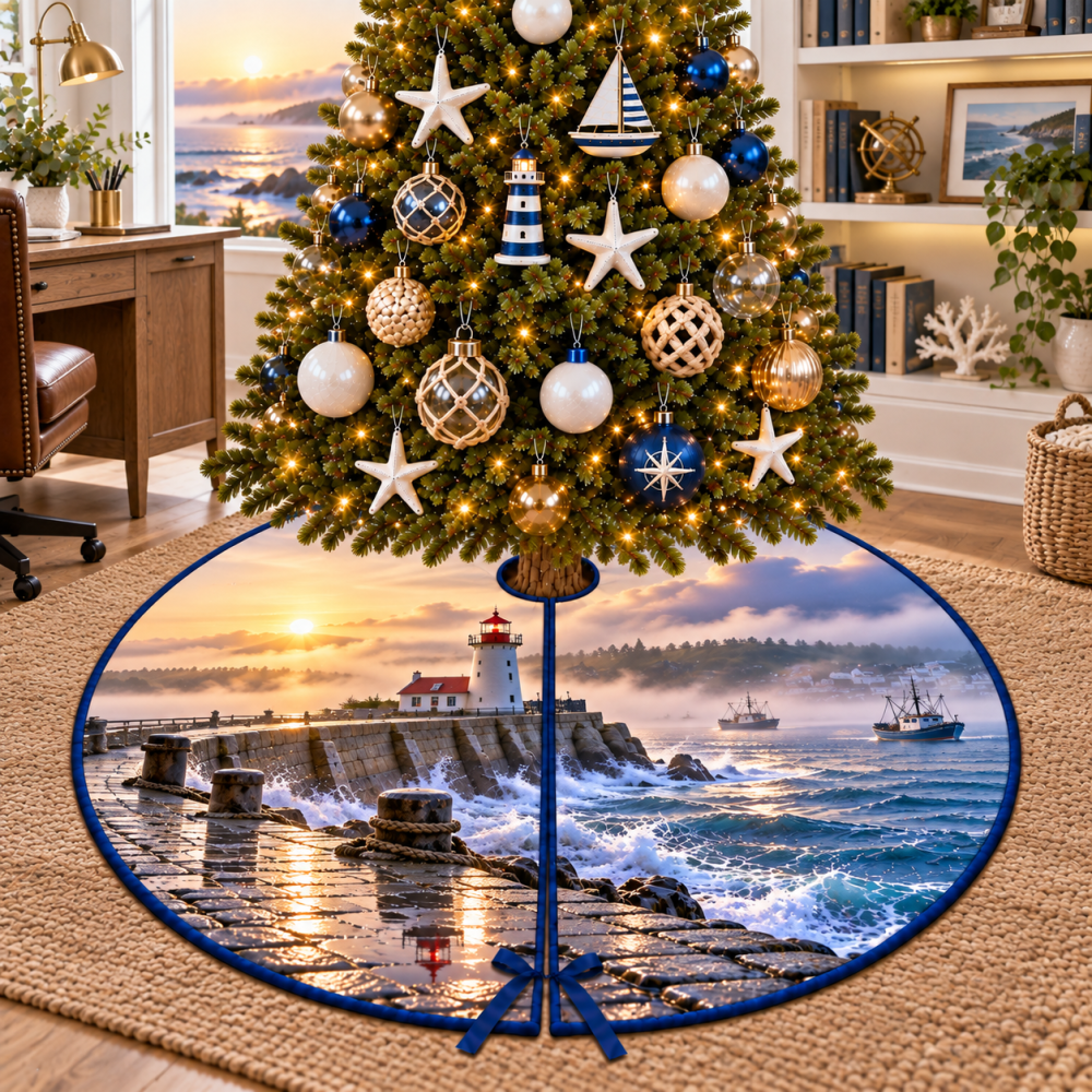 Misty Breakwater Lighthouse Tree Skirt — Foggy Coastline Aesthetic With Subtle Nautical Detail For Serene Holiday Displays
