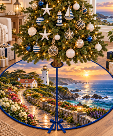 Coastal Welcome Lighthouse Tree Skirt — Friendly Nautical Christmas Accent To Greet Guests With Seaside Holiday Charm